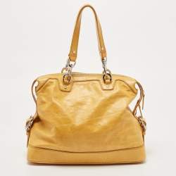 Pre Owned Celine Mustard Crinkled Glossy Leather Logo Satchel