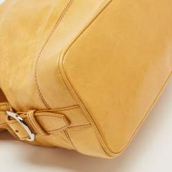 Pre Owned Celine Mustard Crinkled Glossy Leather Logo Satchel