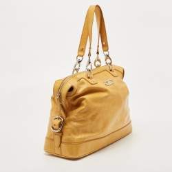 Pre Owned Celine Mustard Crinkled Glossy Leather Logo Satchel