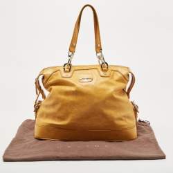 Pre Owned Celine Mustard Crinkled Glossy Leather Logo Satchel