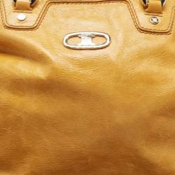 Pre Owned Celine Mustard Crinkled Glossy Leather Logo Satchel
