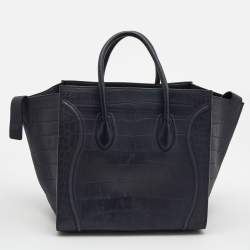 Pre Owned Celine Navy Blue Croc Embossed Leather Medium Phantom Luggage Tote