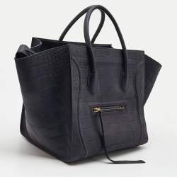 Pre Owned Celine Navy Blue Croc Embossed Leather Medium Phantom Luggage Tote