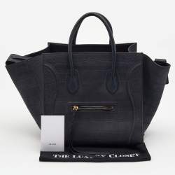 Pre Owned Celine Navy Blue Croc Embossed Leather Medium Phantom Luggage Tote