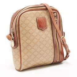 Pre Owned Celine Brown/Beige Macadam Coated Canvas and Leather Crossbody Bag