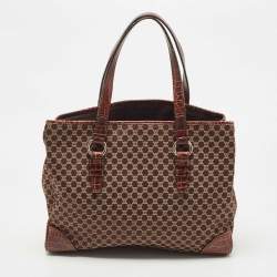 Pre Owned Celine Brown Macadam Fabric and Croc Embossed Leather Tote