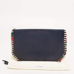 Pre Owned Celine Navy Blue Leather Braided Zip Pouch