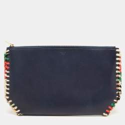 Pre Owned Celine Navy Blue Leather Braided Zip Pouch