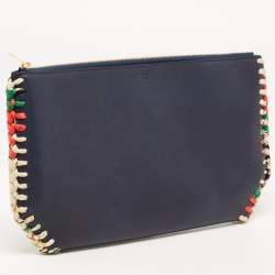 Pre Owned Celine Navy Blue Leather Braided Zip Pouch