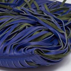 Celine Navy Blue Leather Lasercut Fringe Fold Over Clutch