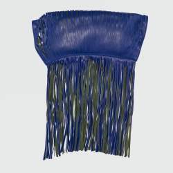 Celine Navy Blue Leather Lasercut Fringe Fold Over Clutch