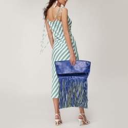 Celine Navy Blue Leather Lasercut Fringe Fold Over Clutch