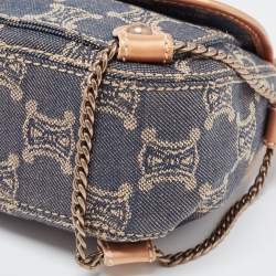 Pre Owned Celine Rose Gold/Blue Macadam Denim and Leather Buckle Flap Hobo