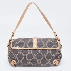 Pre Owned Celine Rose Gold/Blue Macadam Denim and Leather Buckle Flap Hobo