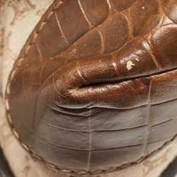 Pre Owned Celine Beige/Brown Macadam Canvas And Croc Embossed Tote