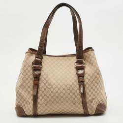 Pre Owned Celine Beige/Brown Macadam Canvas And Croc Embossed Tote