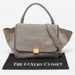 Pre Owned Celine Two Tone Grey Croc Embossed Leather and Suede Medium Trapeze Top Handle Bag