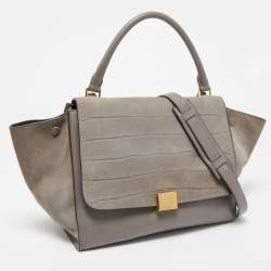Pre Owned Celine Two Tone Grey Croc Embossed Leather and Suede Medium Trapeze Top Handle Bag