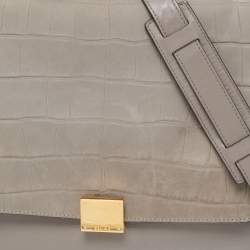Pre Owned Celine Two Tone Grey Croc Embossed Leather and Suede Medium Trapeze Top Handle Bag