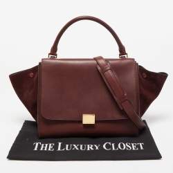 Pre Owned Celine Dark Red Leather and Suede Medium Trapeze Top Handle Bag