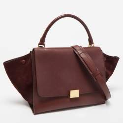 Pre Owned Celine Dark Red Leather and Suede Medium Trapeze Top Handle Bag