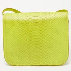 Pre Owned Celine Neon Green Python Medium Classic Box Shoulder Bag