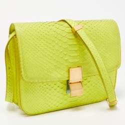 Pre Owned Celine Neon Green Python Medium Classic Box Shoulder Bag