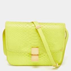 Pre Owned Celine Neon Green Python Medium Classic Box Shoulder Bag