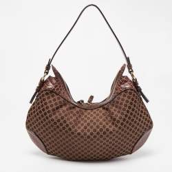 Celine Brown Macadam Fabric and Croc Embossed Leather Zip Hobo
