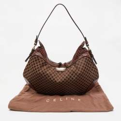 Celine Brown Macadam Fabric and Croc Embossed Leather Zip Hobo