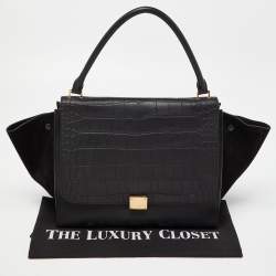 Pre Owned Celine Black Leather,Croc Embossed and Suede Large Trapeze Bag