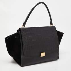 Pre Owned Celine Black Leather,Croc Embossed and Suede Large Trapeze Bag