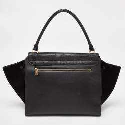 Pre Owned Celine Black Leather,Croc Embossed and Suede Large Trapeze Bag