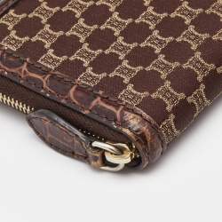 Celine Brown Macadam Canvas and Croc Embossed Leather Zip Around Continental Wallet