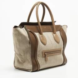 Pre Owned Celine brown/Beige Leather and Canvas Mini Luggage Tote