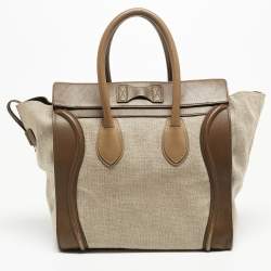 Pre Owned Celine brown/Beige Leather and Canvas Mini Luggage Tote