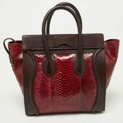 Pre Owned Céline Red/Burgundy Python and Leather Mini Luggage Tote