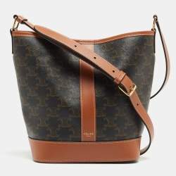 Celine Tan/Dark Brown Triomphe Canvas And Leather Small Bucket Bag