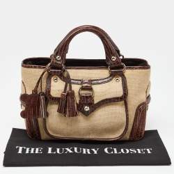 Pre Owned Celine Brown/Cream Raffia and Croc Embossed Leather Boogie Tote