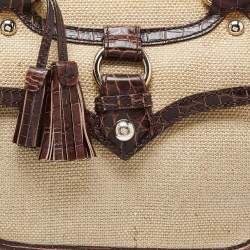 Pre Owned Celine Brown/Cream Raffia and Croc Embossed Leather Boogie Tote