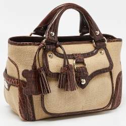 Pre Owned Celine Brown/Cream Raffia and Croc Embossed Leather Boogie Tote