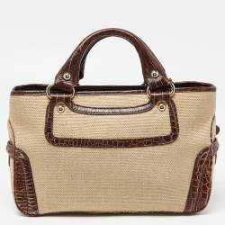 Pre Owned Celine Brown/Cream Raffia and Croc Embossed Leather Boogie Tote