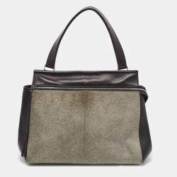 Pre Owned Celine Black/Grey Leather and Calf Hair Medium Edge Top Handle Bag