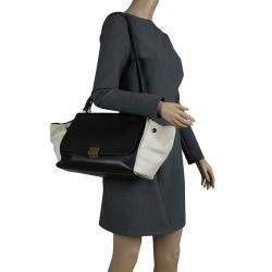 Pre Owned Celine Black/Beige Leather and Canvas Medium Trapeze Top Handle Bag
