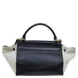 Pre Owned Celine Black/Beige Leather and Canvas Medium Trapeze Top Handle Bag