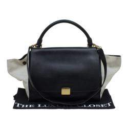 Pre Owned Celine Black/Beige Leather and Canvas Medium Trapeze Top Handle Bag