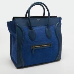 Pre Owned Celine Two Tone Blue Leather and Nubuck Medium Luggage Tote