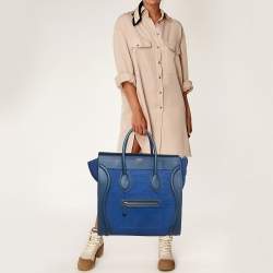 Pre Owned Celine Two Tone Blue Leather and Nubuck Medium Luggage Tote