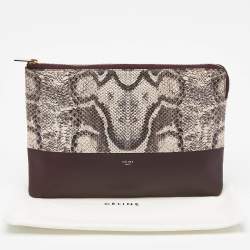 Pre Owned Celine Beige/Burgundy Snake Print Leather and Leather Solo Clutch Pouch
