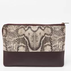 Pre Owned Celine Beige/Burgundy Snake Print Leather and Leather Solo Clutch Pouch